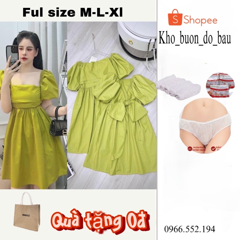 Váy BẦU Babydoll Thô Nơ Sau Tay Phồng đầm bầu Siêu Xinh Có Ảnh Thật Kèm Video