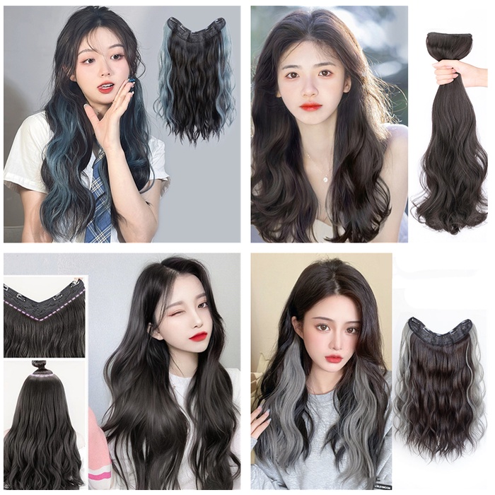 Bộ Tóc Giả Dài Xoăn Chữ U Vô Hình Tự Nhiên Kèm Tai Nhuộm Màu Thời Trang Cho Nữ