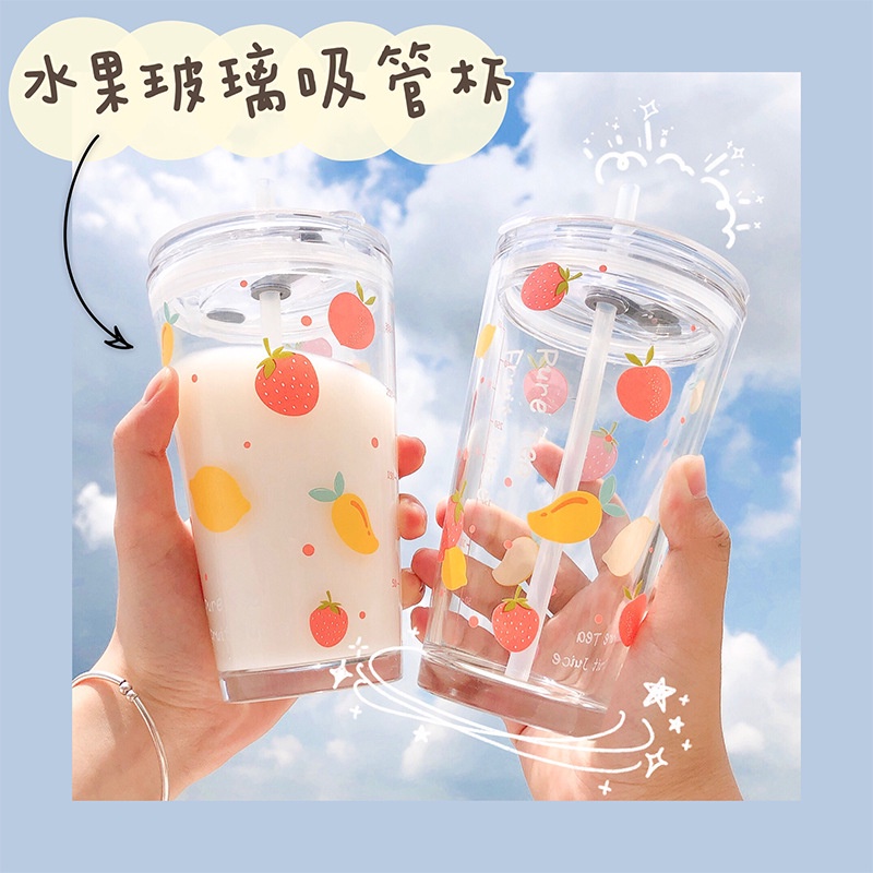 Ly thuỷ tinh cốc thủy tinh uống trà, cà phê, sinh tố cao cấp họa tiết thỏ -  Có ống hút và nắp đi kèm - Daisy.decor