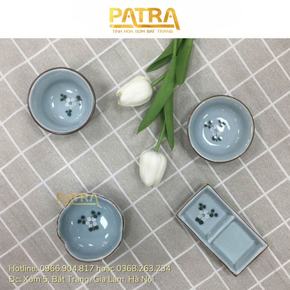 Đĩa đựng gia vị, bát mắm sứ Bát Tràng cao cấp men lam ngọc vẽ đào trắng