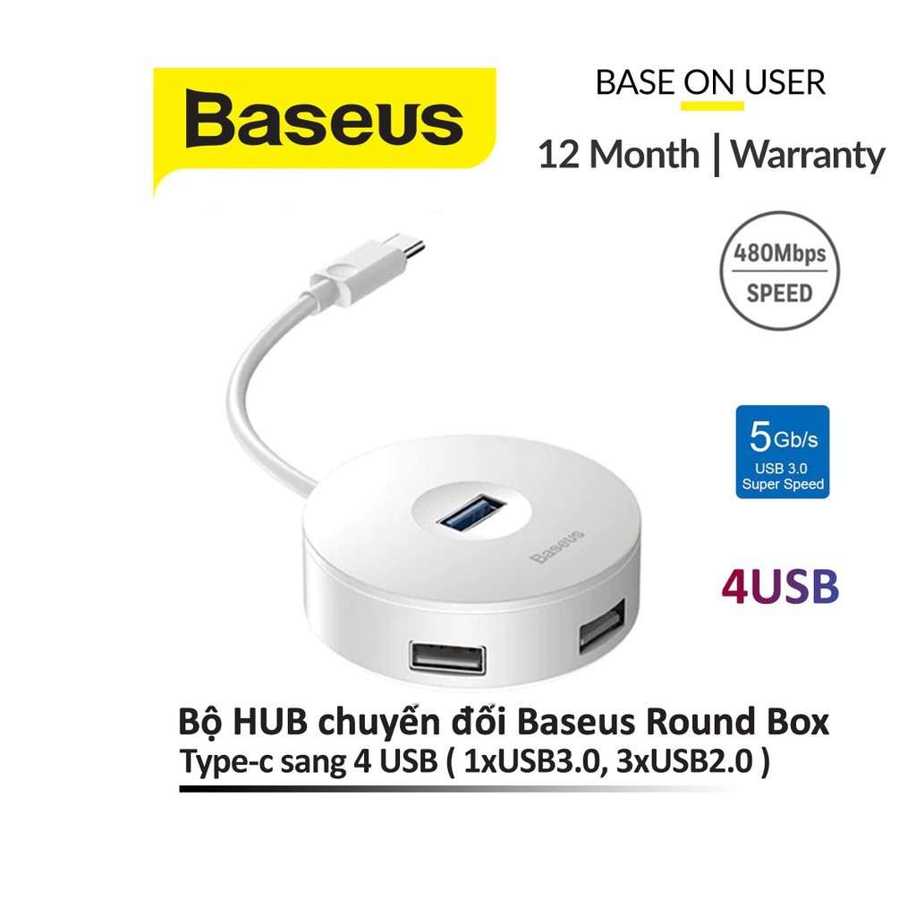 Bộ chuyển đổi Baseus Round Box chân Type-C sang 4 Usb hỗ trợ truyền tải Data tốc độ cao tương thích với các thiết bị