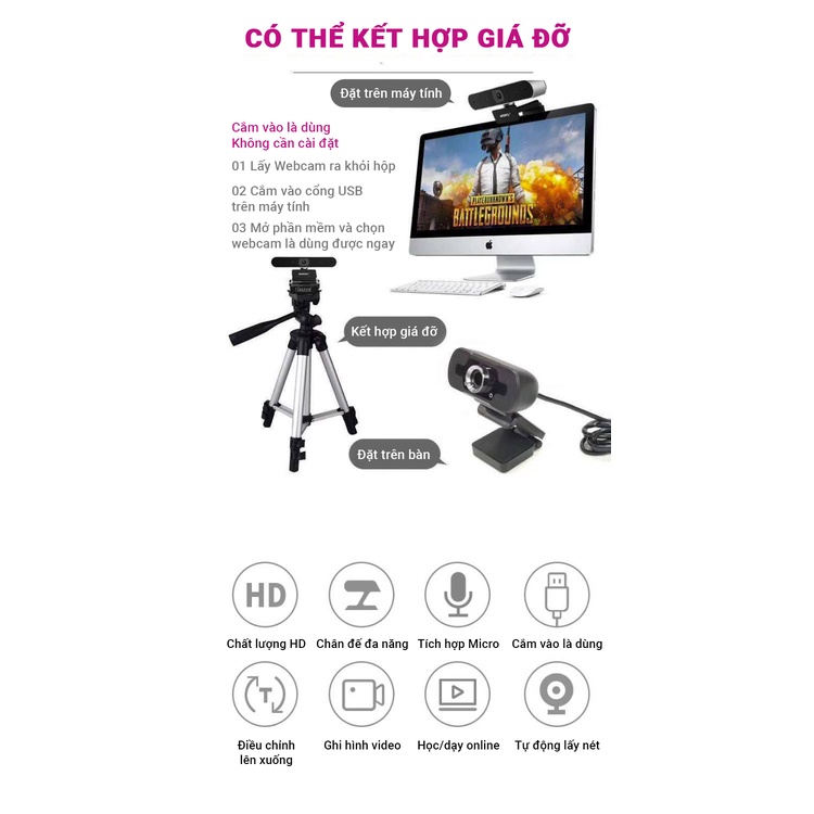 (Hỏa Tốc) Webcam máy tính FullHD 1080p có Mic rõ nét - Thu hình cho máy tính, pc, TV, để bàn - Rõ nét - Chân thực W8