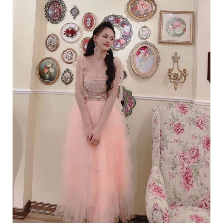 Đầm xoè xếp tầng hai dây nơ vai kết đá sang trọng TRIPBLE T DRESS - size M/L - MS350V