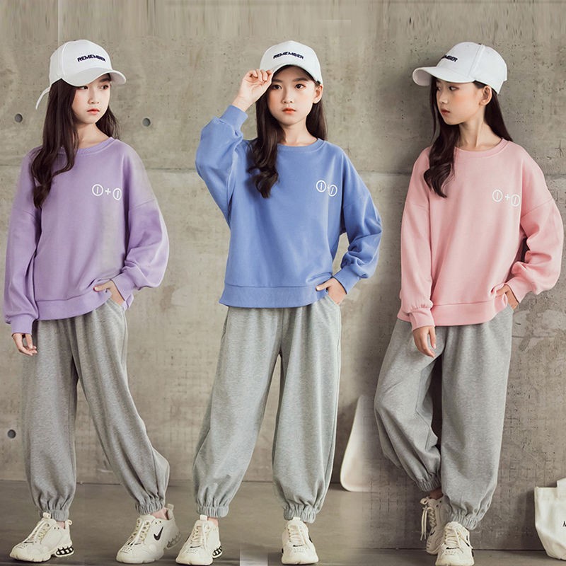 Bộ Đồ 2 Món Áo Thun Cotton Tay Dài Cổ Tròn + Quần Dài Thời Trang Cho Bé Gái 3-12 Tuổi
