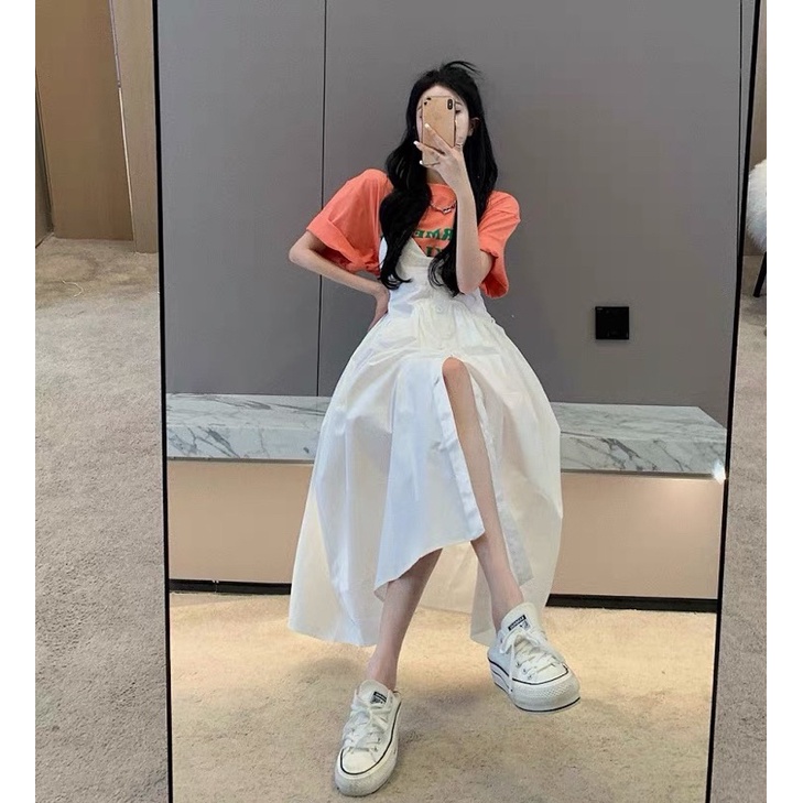 Set Áo thun + Đầm xoè dáng dài phối yếm (taobao)