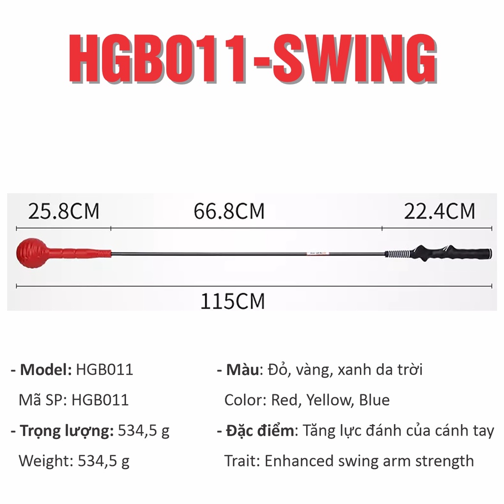 Gậy Tập Thể Lực Swing golf PGM-HGB011: Nhập khẩu chính hãng, dài 115cm, 3 màu.