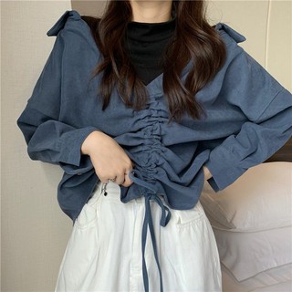 Áo sơ mi nhung kiểu phối thun rút dây nhiều màu