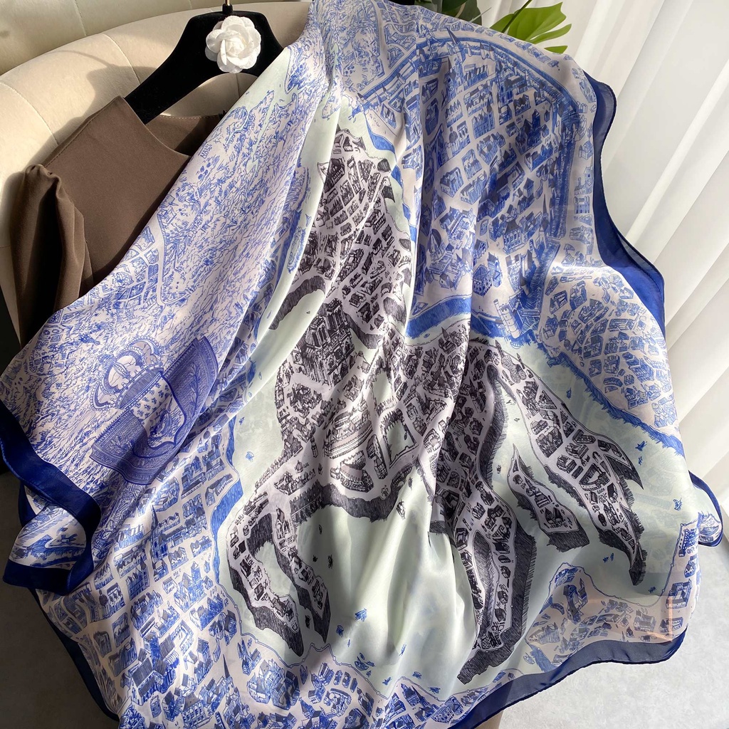 Khăn Choàng Lụa Dáng Dài Chống Nắng In Họa Tiết Thành Phố Thời Trang Cho Nữ