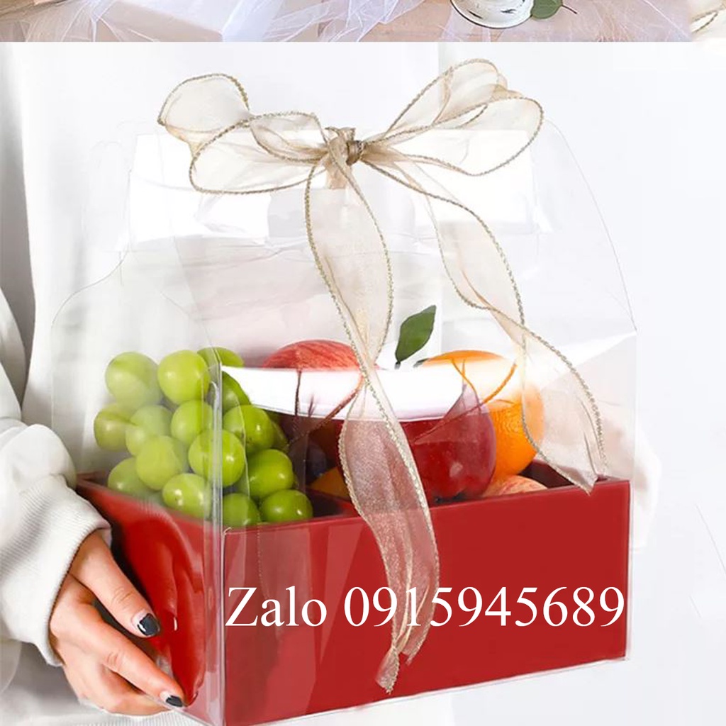 Hộp giỏ quà bằng giấy 2 ngăn túi mica trong suốt, giỏ đựng hoa quả, bánh kem sang trọng