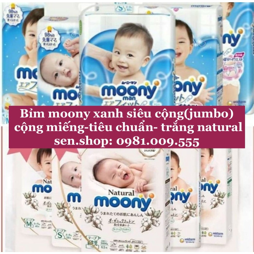 Bỉm/tã dán/quần Moony siêu cộng/ cộng miếng/ Natural/ tiêu chuẩn nội địa Nhật đủ size NB111/S102/M78/ L54/ XL46