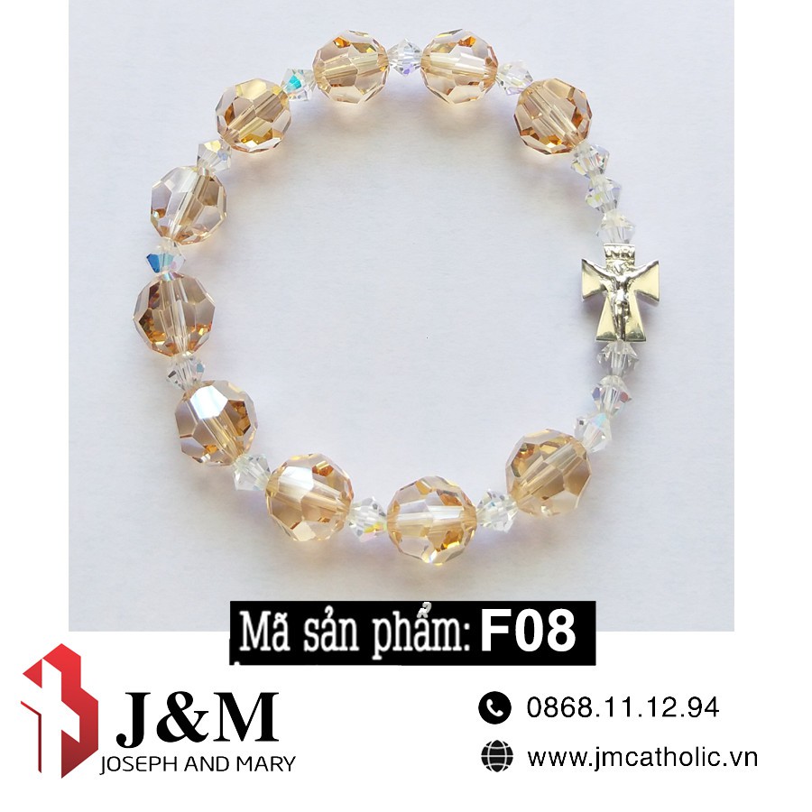 Chuỗi Mân côi  tràng hạt đeo tay đá pha lê màu trà kết hợp Thánh Giá bạc ta 10mm