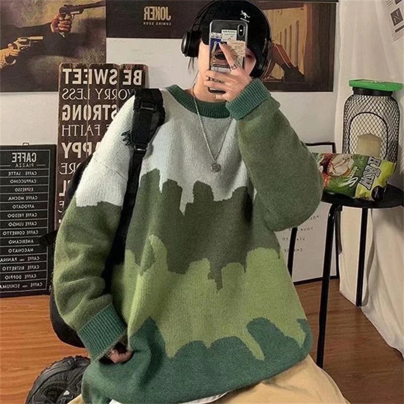 Áo sweater dệt kim tay dài cổ tròn nhuộm màu phong cách đường phố hip hop Hàn Quốc cho nam size M-2XL