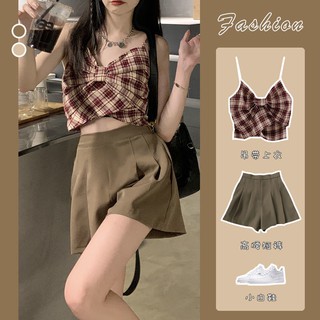 Bộ đồ nữ mùa hè phong cách mới kẻ sọc nơ áo yếm phù hợp với quần ống rộng quần váy xếp ly cạp cao