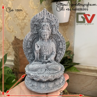 Tượng đá trang trí phòng thờ tượng Phật Quan Thế Âm bồ tát ngồi tòa sen + Chữ Phật - Màu Đá Xám - Cao 15cm