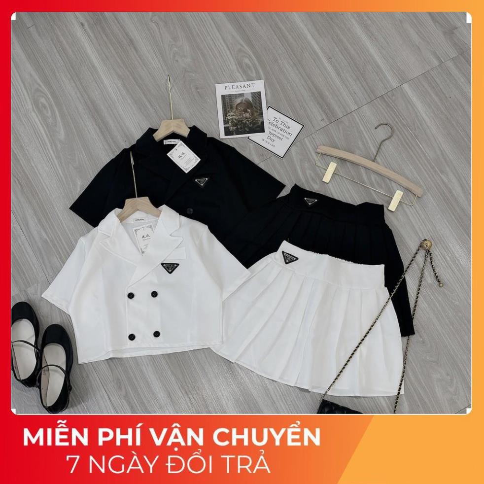 [ 𝐅𝐑𝐄𝐄 𝐒𝐇𝐈𝐏 ] Set Vest Croptop 2 Hàng Cúc Mix Chân Váy Xếp Ly