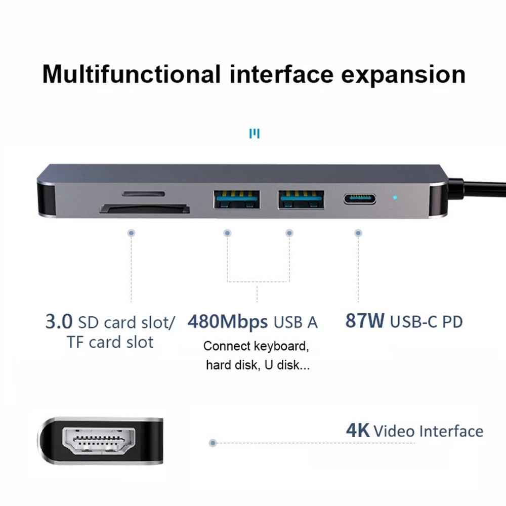 Hub chuyển đổi USB 3.0 kép hỗ trợ đọc thẻ nhớ TF/ SD 6 trong 1 4K HDMI đa năng dành cho notebook