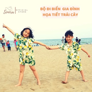 Bộ đũi đi biển - set váy áo gia đình, nhóm chất tơ đũi mát mẻ họa tiết trái cây rừng