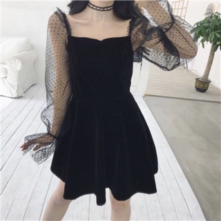 (Sẵn) Đầm Dress ulzzang / Váy nhung đen đi tiệc trễ vai (ảnh thật ở cuối)