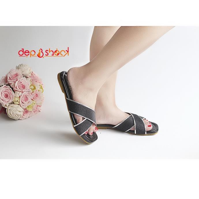 Dép nữ quai chéo kim tuyến đế bằng big size depvashock - 7036
