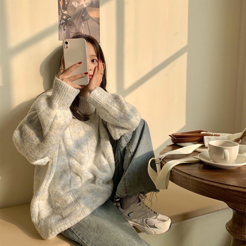 Áo Sweater Dệt Kim Tay Dài Cổ Tròn Dáng Rộng Phong Cách Harajuku Thời Trang Mùa Thu Cho Nữ