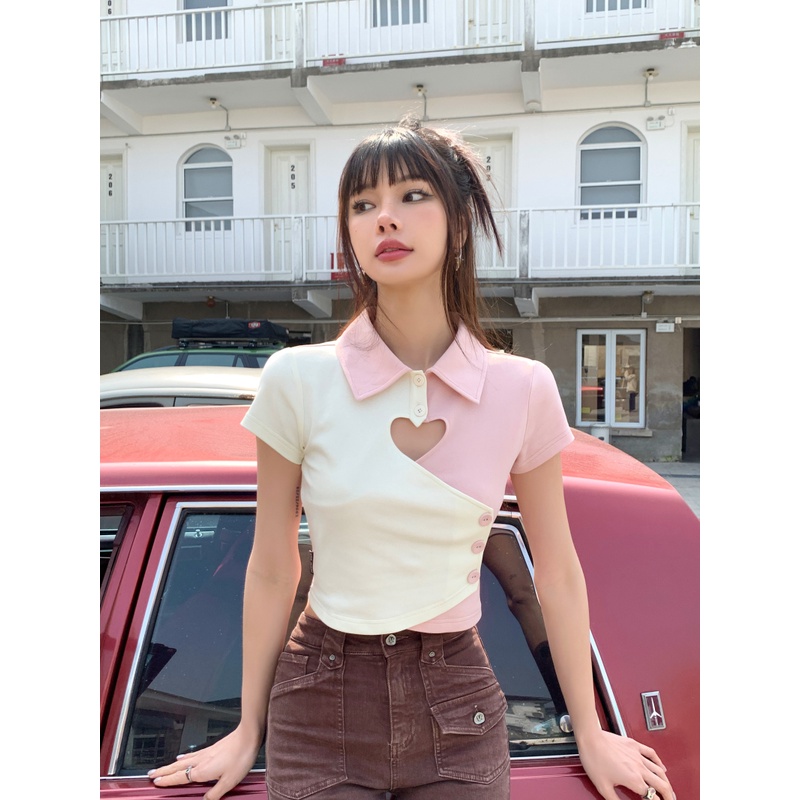 Áo thun polo ZHELIHANGFEI ngắn tay lưng cao thiết kế bất đối xứng phong cách quyến rũ