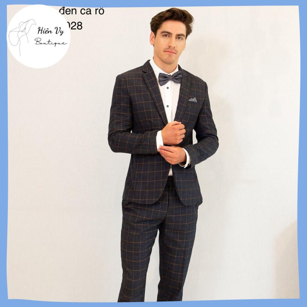 Bộ vest nam đen caro, suits sartorial, form ôm Hiên Vy Boutuique.