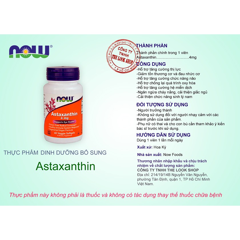 Viên uống bổ mắt Astaxanthin 4mg Now- USA