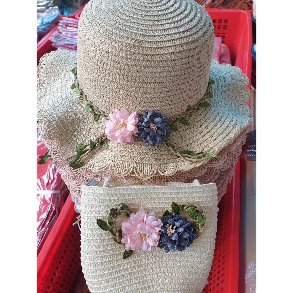 Set mũ cói và túi dành cho bé gái đi biển mùa hè, mũ vành tròn đính 2 bông hoa dễ thương