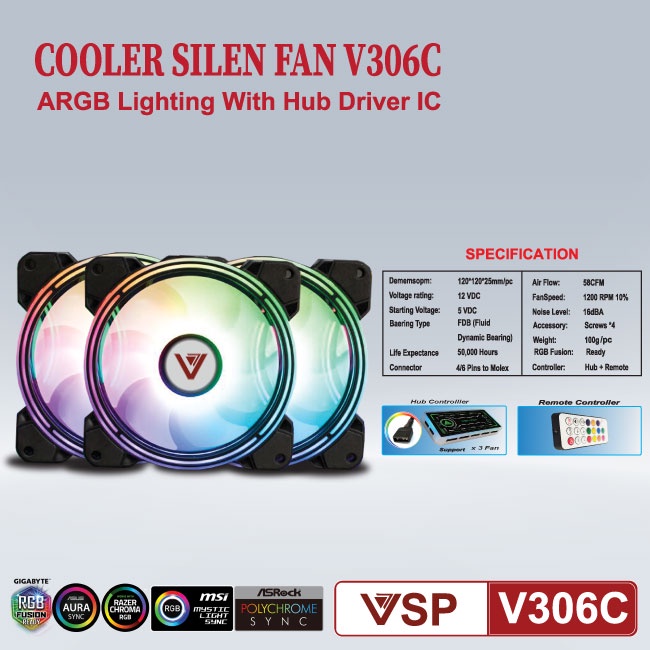 Bộ 3 Fan VSP V306C Led RGB kèm hub và remote Cho Case kính cường lực