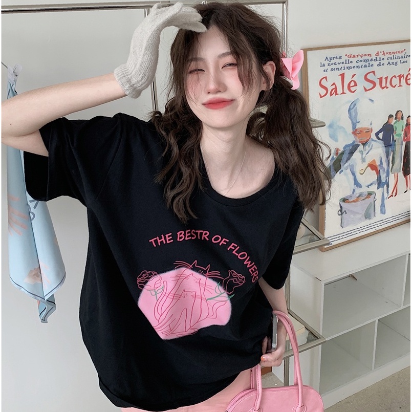 Áo Thun In Hình Mèo Và Hoa Hồng Phong Cách Retro Mỹ 53267