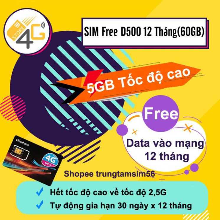 BUNG NÔ GIÁ Sim Vina D500 ( Miễn phí vào mạng 12 tháng , Tốc độ 4G ) , Sim bảo hành 12 tháng , chính hãng  vinaphone . B