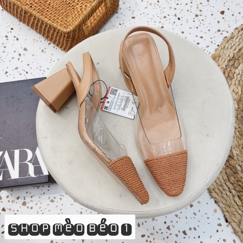 Sandal zara mica mũi vải gót trụ xuất dư fullbox