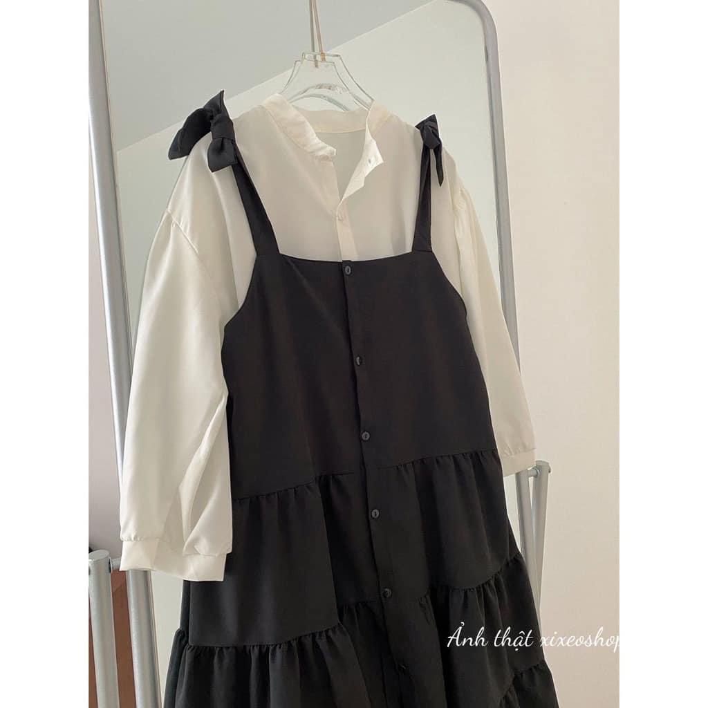 Sét yếm váy 2 dây babydoll Thắt nơ kèm sơ mi tay bồng cổ tàu chất voan phong cách ulzzang hàn quốc-TONGKHOQUANAO
