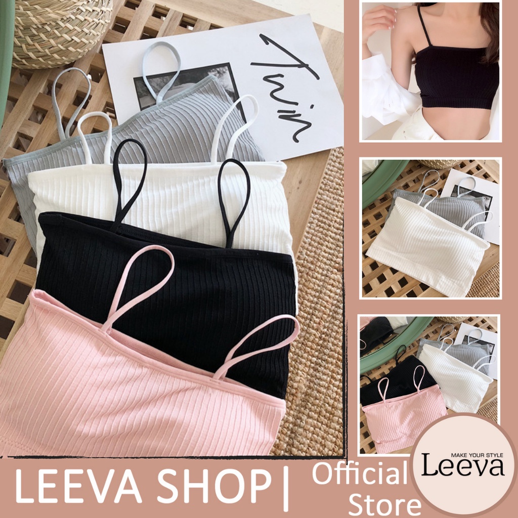 LEEVA - Áo 2 dây croptop vải gân có mút lót 4 màu