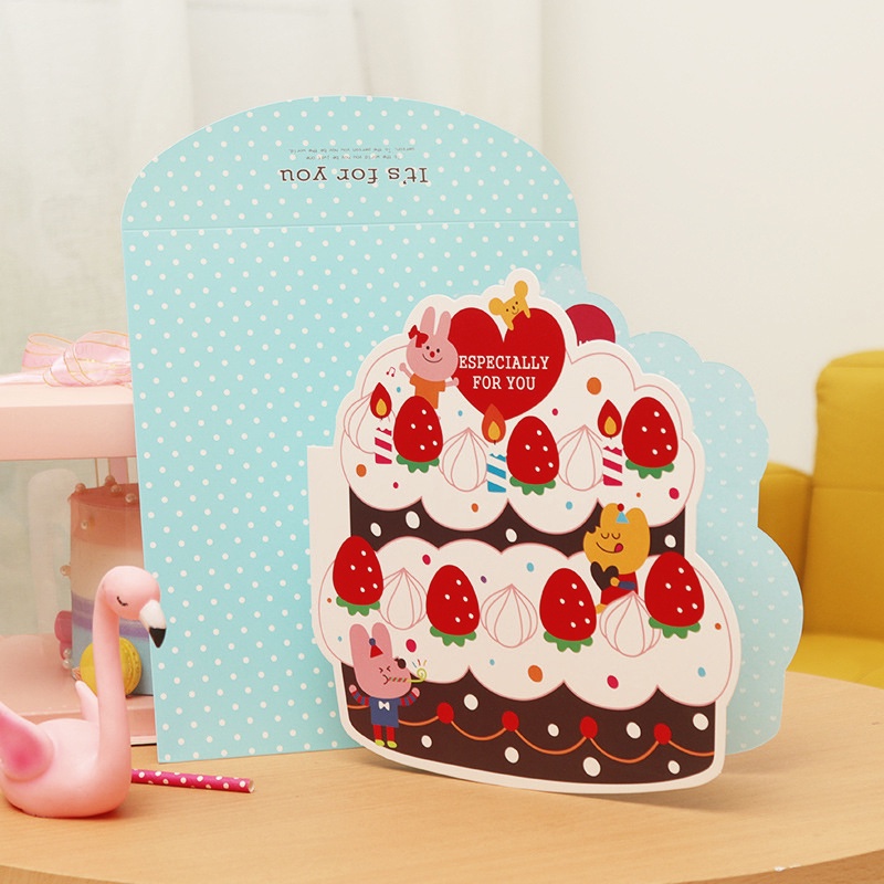 Thiệp Sinh Nhật Cỡ Lớn 24.5x24cm Phong Cách Hàn Quốc Xinh Xắn Cute Hình Thỏ Trái tim Bánh kem - Saigonir [S01]