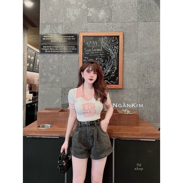 Áo len polo chữ S thêu phối màu viền tay siêu chảnh.