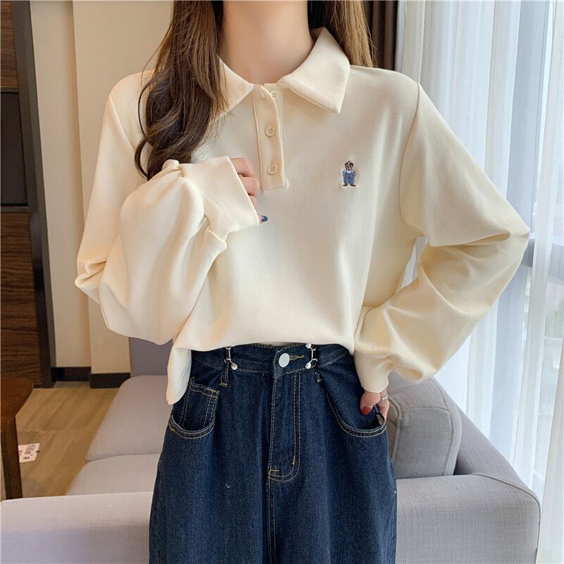 Áo Sweater Cổ Polo Dáng Rộng Thêu Hình Gấu Kiểu Hàn Quốc Thời Trang Mùa Thu Cho Nữ