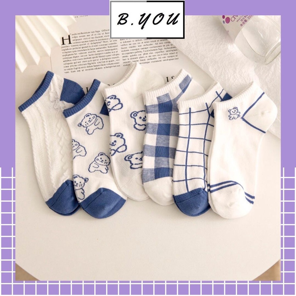 Tất vớ cổ thấp màu xanh họa tiết kẻ, gấu xinh xắn giá rẻ chất liệu thoáng mát