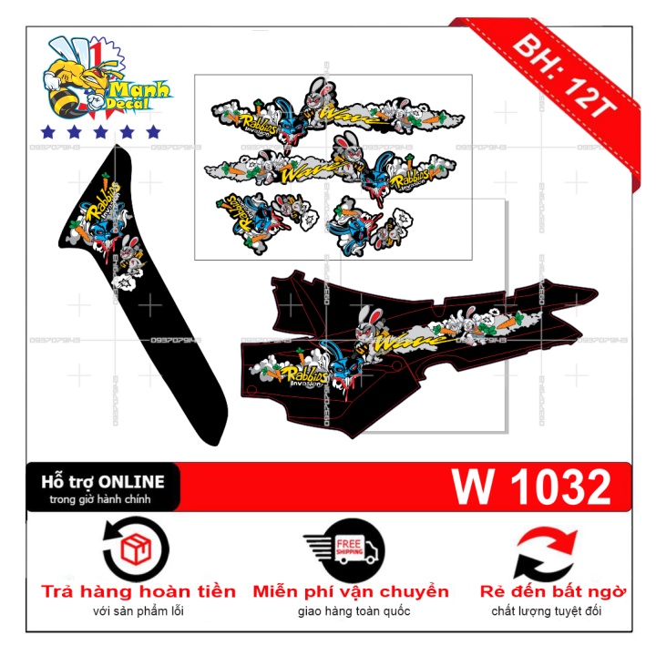 (FREE SHIP) Tem xe wave nhỏ đời đầu thỏ dán xe đen [Mạnh Decal]
