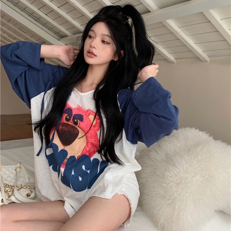 Áo Thun Hoodie Tay Dài Dáng Rộng In Hoạt Hình Dễ Thương