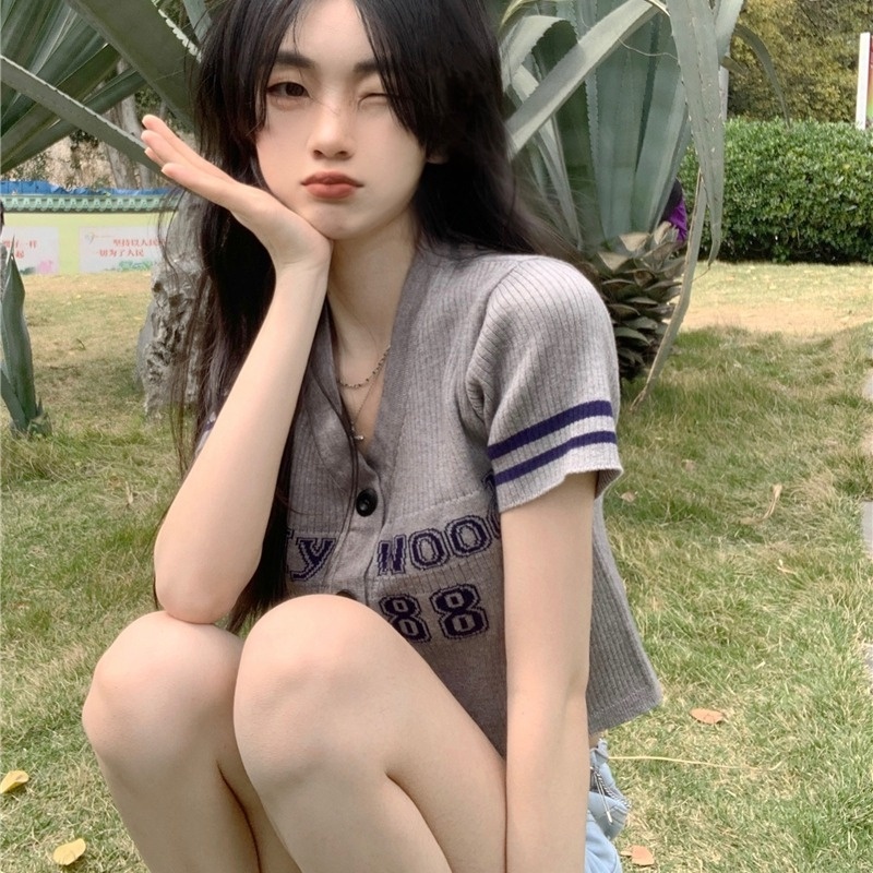 Áo thun ZHELIHANGFEI dệt kim tay ngắn in chữ thời trang dành cho nữ