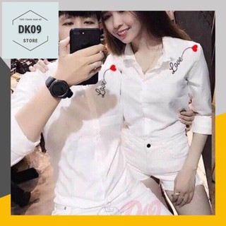 Áo Sơ Mi Dài Tay Cặp Đôi Nam- Nữ Thêu Love Tim
