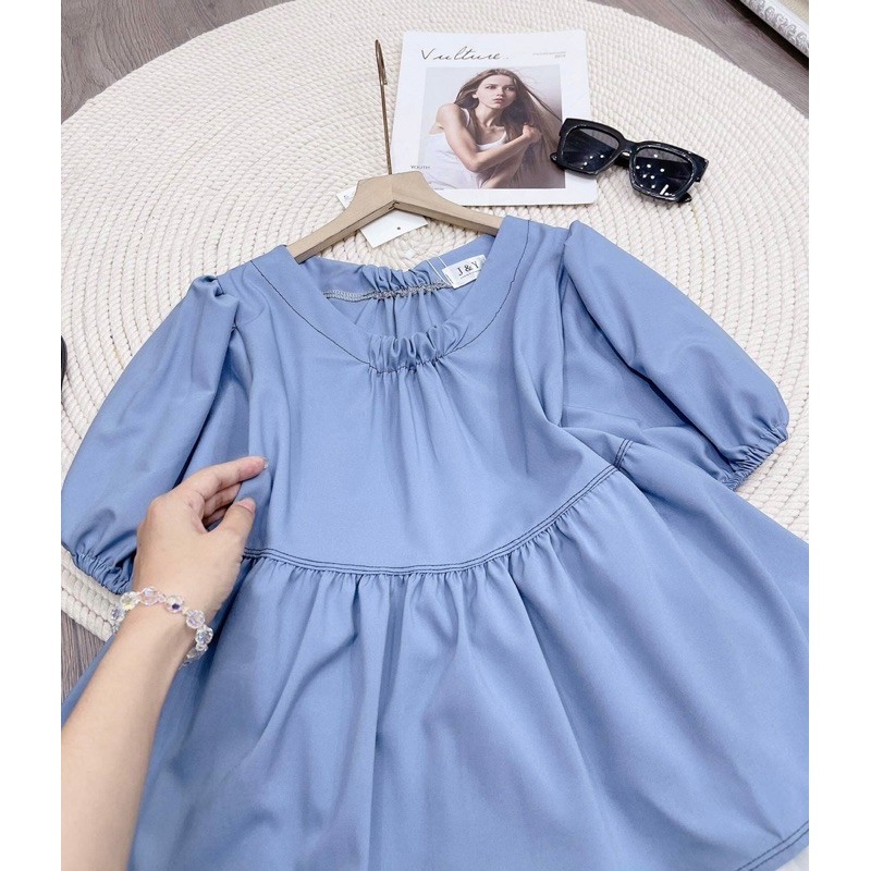 BỘ ĐŨI XANH BABY DOLL CHÂN VÁY TRẮNG PHỐI LƯỚI