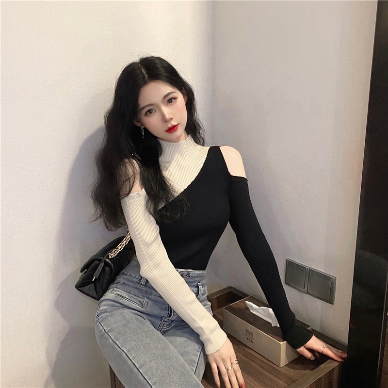 Porozi  Áo dệt kim dài tay hở vai phong cách Hàn Quốc cho nữ