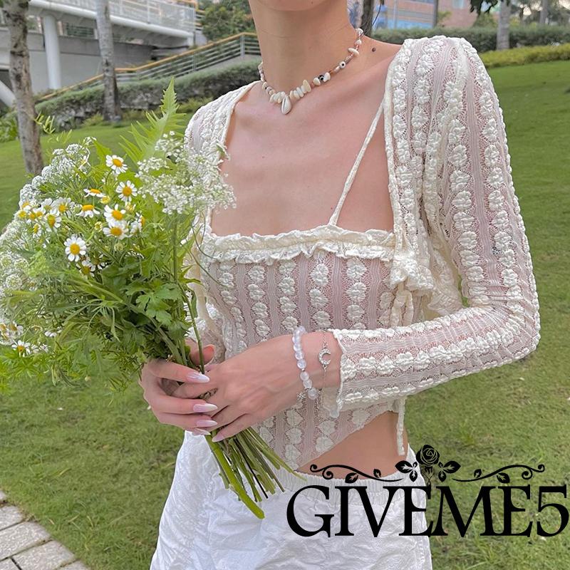 Bộ 2 Món Áo Croptop Tay Dài Thắt Nút + Áo Hai Dây Màu Trơn Thời Trang Xuân Hè Cho Bạn Gái