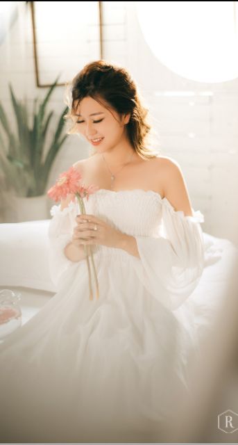 Đầm maxi trắng trễ vai tay dài cực yêu (hàng thiết kế cao cấp) | BigBuy360 - bigbuy360.vn