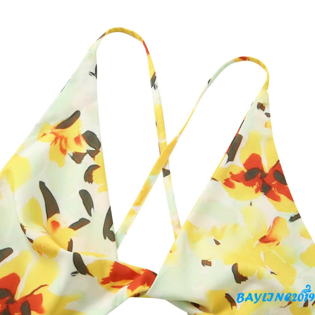 Đầm khoét cổ chữ v Hở Lưng In Họa Tiết Hoa Màu Vàng Size S/ M/ L/ XL Cho Nữ