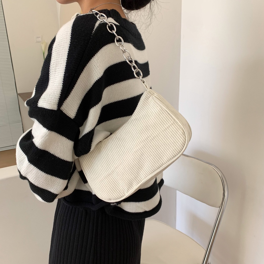 Túi Xách Đeo Vai/Kẹp Nách Vải Nhung Kẻ Nhỏ Xinh Phối Dây Xích Thời Trang Nữ