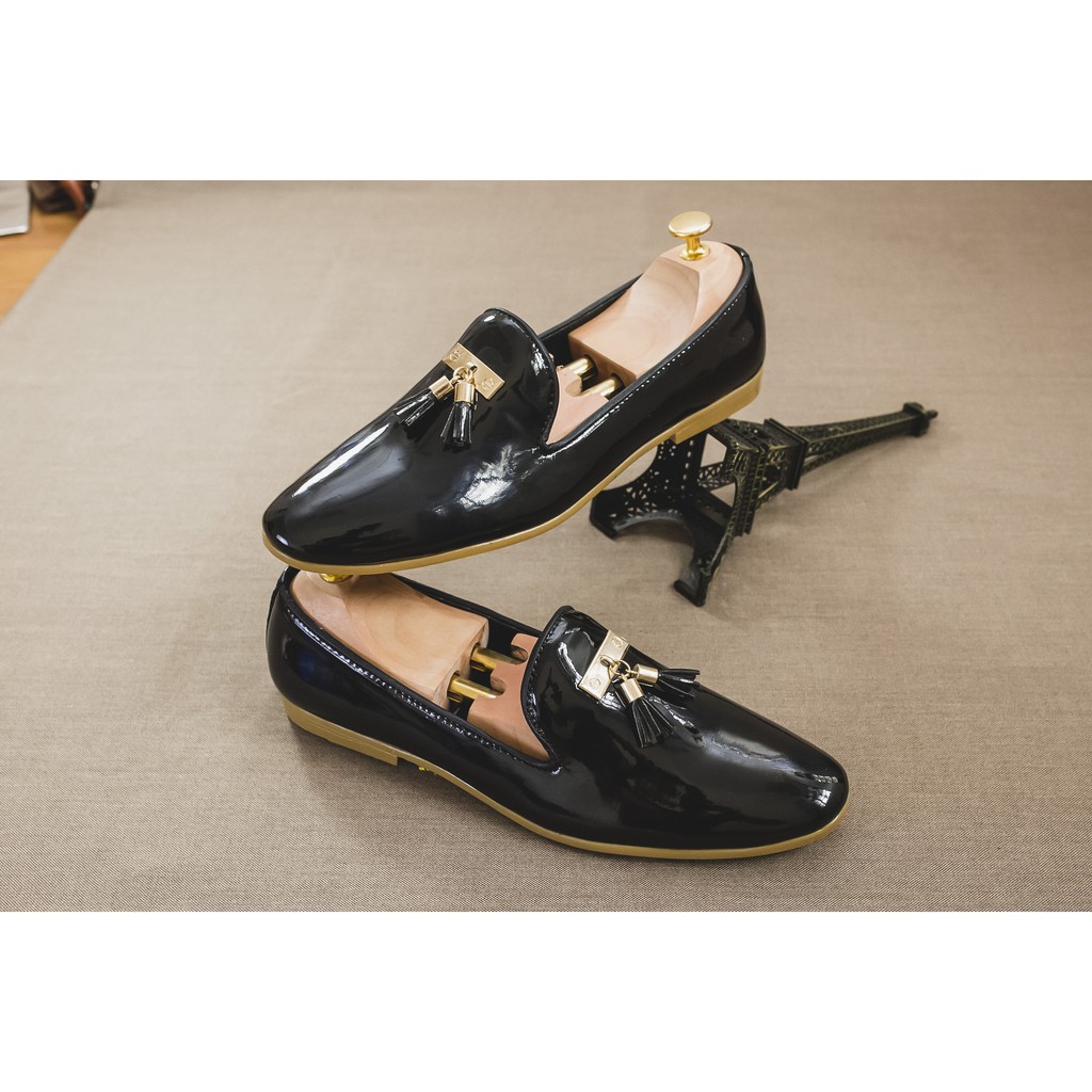 [Shop Uy Tín] Giày Lười Nam Đẹp Đế Khâu Chuông Vàng Da Bóng Màu Đen Phong Cách Hàn Quốc - M124-BONG (PT)