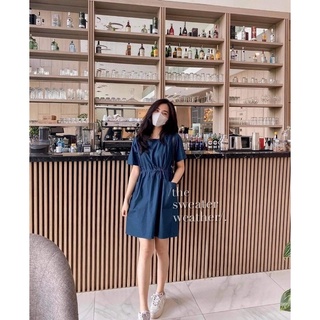 Váy thô suông cổ vuông, dây rút eo
